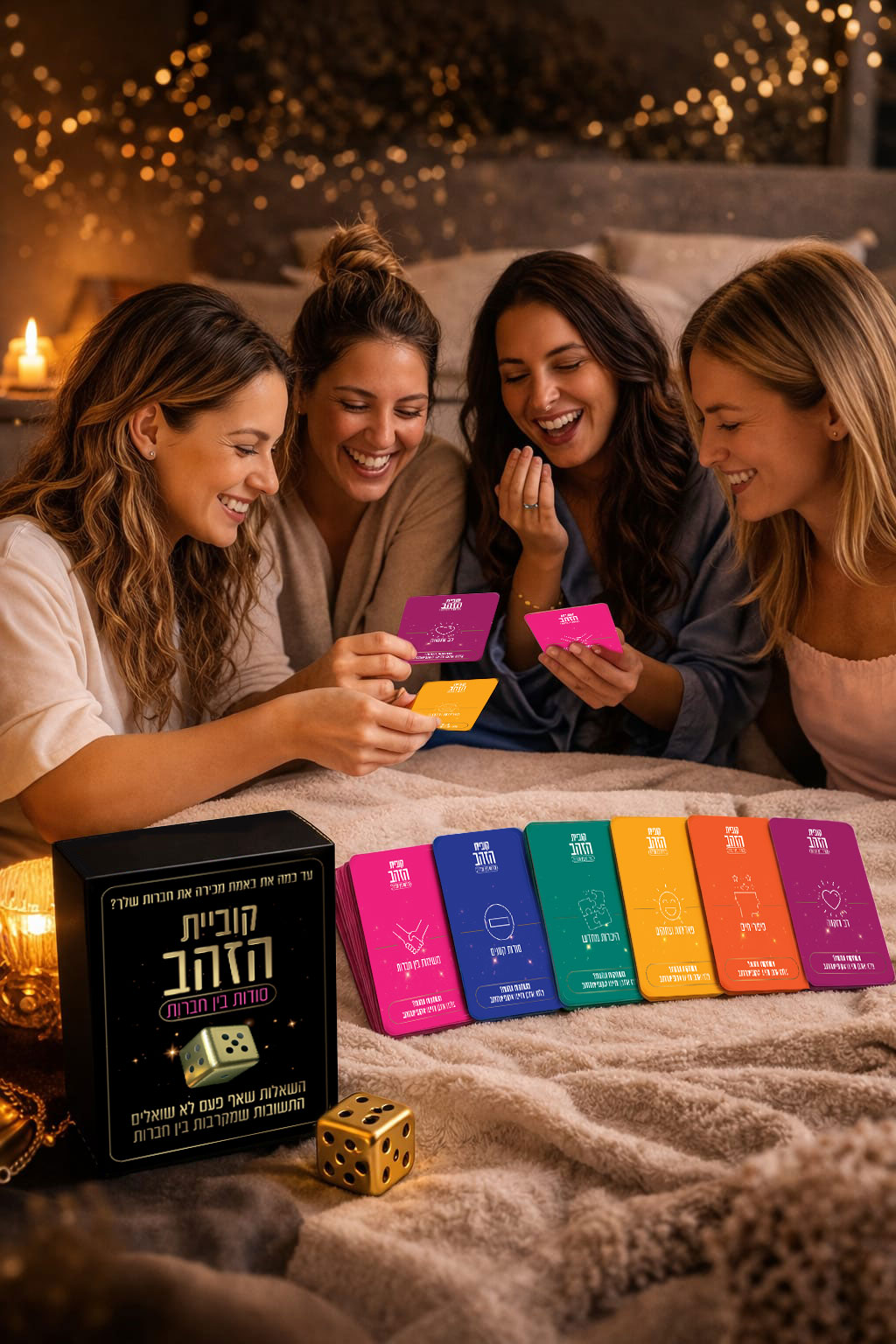 קופסת המשחק קוביית הזהב עם 6 חפיסות קלפים צבעוניות